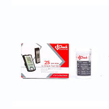 Box of blood glucose test strips and lancets