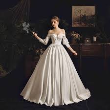 Modest Simple Ivory Satin Wedding Dresses 2019 Princess Off The Shoulder Puffy 3 4 Sleeve Backless Chapel Train Ruffle Ball Gown Wedding Dress White Ball Gowns Wedding Dresses Satin