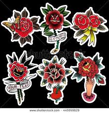 Traditional Tattoo Flowers Set Old School Tattooing Style Ink Roses Ribbons Traditional Rose Tattoos Traditional Tattoo Flowers Traditional Tattoo Inspiration
