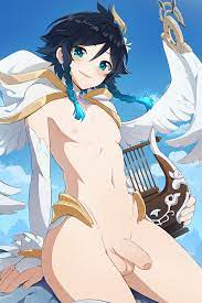1boy absurd res androgynous angel wings aqua eyes balls blue hair  blush braided hair eye contact femboy feminine male fingerless gloves flat  chest genshin impact girly gloves half-erect high