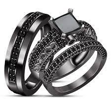 Bride Groom Engagement Ring Trio Set Diamond Black Gold Plated Pure 925 Silver Black Diamond Wedding Bands Black Gold Jewelry Black Gold Ring