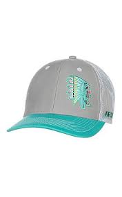 Ariat Turquoise And Grey With Serape Indian Chief Patch And White Mesh Snap Back Cap Cavender S Cowgirl Hats Country Hats Cute Hats