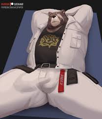 195028 - suggestive, artist:sooxand, bear, grizzly bear, mammal, anthro, zenless  zone zero, belt, ben (zenless zone zero), black shirt, bottomwear, clothes,  emblem, fur, hands behind back, lying down, male, on back, pants,