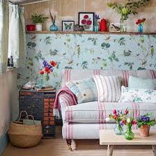 Country Living Room With Bird Motif Wallpaper Ideal Home Wallpaper Living Room Country House Interior Country Living Room