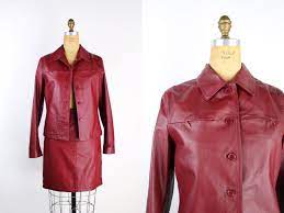 90s Burgundy Leather Two Piece Set Leather Mini Skirt Leather Jacket Vintage Leather Jacket High Waist Skirt Matching Set Mini Skirt Vintage Leather Jacket Leather Jacket Leather Mini Skirts