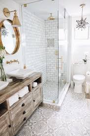 White Subway Tile Shower Rustic Bathroom Vanity Printed Floor Tile Gold Round Mirro Bathroom Renovation Diy White Subway Tile Shower Bathroom Remodel Master