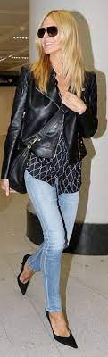 Who Made Heidi Klum S Black Leather Jacket Skinny Blue Jeans Pumps And Handbag Fall Fashion Inspo Street Style Chic Clothing Essentials