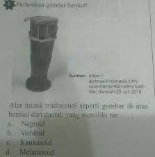 Alat musik ini terbuat dari kayu khusus yang disusun dan dimainkan dengan cara dipukul. Alat Musik Tradisional Seperti Gambar Di Atasberasal Dari Daerah Yang Memiliki Ras A Negroidb Brainly Co Id