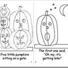 There are pumpkin coloring pages with images of pumpkins on the vine, jack o' lanterns, pumpkin candy, a scarecrow and pumpkin, a ghost with a pumpkin, and even a tower of pumpkins. Five Little Pumpkins Coloring Book Five Little Pumpkins Halloween Preschool Pumpkin Coloring Pages
