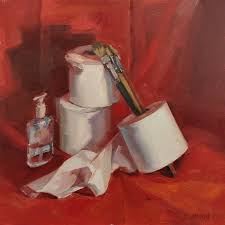 Be sure to reach down in and paint the inside as well. Still Life Painting With Toilet Paper Hand Sanitizer And Paintbrushes