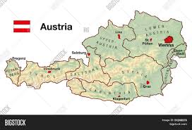 Physical map of austria showing major cities, terrain, national parks, rivers, and surrounding countries with international borders and outline maps. Austria Map Image Photo Free Trial Bigstock