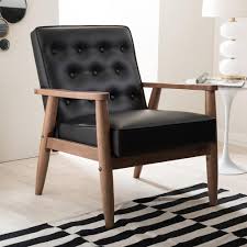 Baxton Studio Sorrento Mid Century Black Faux Leather Upholstered Accent Chair 28862 6764 Hd The Home Depot Upholstered Accent Chairs Accent Chairs Wooden Lounge Chair
