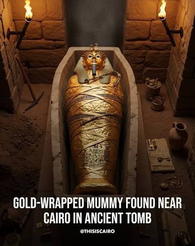 Archaeologists in Egypt have discovered a 4,300-year-old mummy wrapped in  gold leaf inside a sealed limestone sarcophagus at the Saqqara necropolis,  south of Cairo. The burial was found at the bottom of