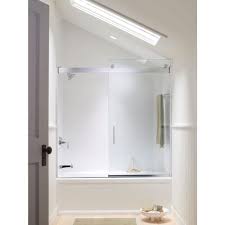 Kohler Levity 59 5 8 In W X 59 3 4 In H Semi Framed Sliding Tub Shower Door With Handle In Silver Bathtub Doors Tub Shower Doors Frameless Bathtub Doors