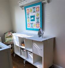 Thecraftyquiltet I Have A New Ironing Station This Is An Ikea Kallax Storage Unit With Wheels Casters A Sewing Room Sewing Room Organization My Sewing Room