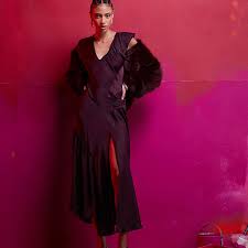 ASOS DESIGN asymmetric satin dress with ruffle detail in dark purple