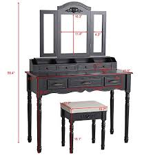 Vanity set with bench and 360° rotating rectangular mirror. Vanity Set Vanity Makeup Set Dressing Table With 7 Drawers 2 Brush Slots Open Compartments And Bedroom Vanity Table Tri Fold Necklace Hooked Mirror Cushioned Stool For Women Girls Black Pricepulse