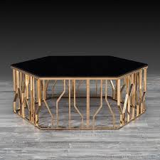 Lorensia Luxury Small Coffee Table Features A Hexagon Black Glass Top And Rose Gold Polished Stainless Steel Base Al Coffee Table Geometric Coffee Table Table
