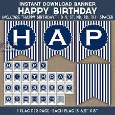 This floral banner is great for birthday parties, baby showers, weddings, bridal showers, or any other party or occasion because you can customize your message to say anything you like. Happy Birthday Banner Navy Blue White Stripe Nifty Printables Printable Birthday Banner Happy Birthday Banner Printable Happy Birthday Banner Printable Free