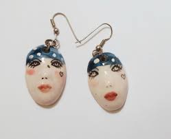 Dangling Full Face Blue Polka Dot Head Gear Heart Tattoo Earrings French  Wires