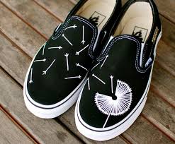 Black And White Custom Vans Slip Ons This Pair Of Custom Hand Painted Slip On Vans Shoes Features My Whimsical Design Of A White Dandelion B Black Canvas Shoes Painted Shoes Diy Custom Vans Shoes