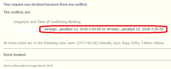 The notification will come later to other outlook clients and users will see it then Exchange2016 Meeting Room Booking Conflict Reply Language Change Server Fault