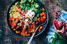 Moroccan vegetable stew with minted couscous. Moroccan Aubergine Chickpea Stew Green Kitchen Stories