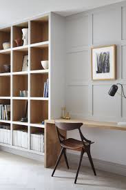 Workspace Modern Office Wooden Desk Office Lighting Table Lamp Soft Grey Walls Natural Office Cozy Home Office Home Office Design Bookshelves Built In