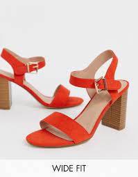 New Look Wide Fit Block Heel Buckle Detail Sandal In Orange Asos Socks And Heels Shoes Women Heels Toe Loop Sandals