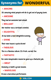 Wonderful Synonym List Of 20 Synonyms For Wonderful In English 7 E S L Writing Words English Words Essay Writing Skills