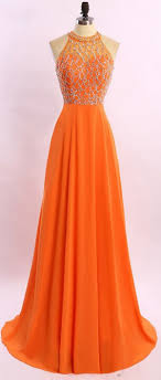 A Line Princess Orange Chiffon Prom Dresses High Neck Long Prom Dress See Through Back Beads Evening Dress Prom Gowns Cheap Woman Evening Gowns Orange Prom Dresses Orange Formal Dresses Chiffon Prom Dress