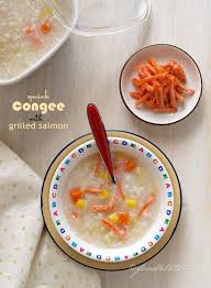 Quick Congee With Grilled Salmon This 15 Minutes Congee Is Cooked With Frozen Rice Food4tots Food Grilled Salmon Recipes