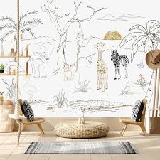 Baby Safari Animal Wallpaper Muurschildering Etsy In 2021 Animal Mural Mural Wallpaper Baby Room Decor