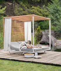 Pavilion Daybed With A White Powder Coated Aluminium Frame Roof Rear Wall In Teak And Curtains In Sunbrel Outdoor Daybed Outdoor Beds Rooftop Terrace Design