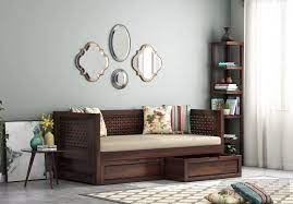 Buy Angelica Divan With Storage Walnut Finish Online In India Wooden Street Indian Living Room Wooden Sofa Set Designs Modern Sofa Living Room