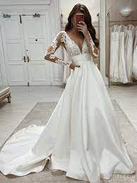 A-line Satin Long Sleeves V-neck Popular Vintage Wedding Dresses Wd038 In 2021 V Neck Wedding Dress Wedding Dress Sleeves Long Sleeve Satin Wedding Dress