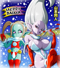 yamamoto doujin, dr. arinsu, pansy (dragon ball daima), dragon ball, dragon  ball daima, santa gloves, absurdres, highres, 2girls, bell, blue skin,  breasts, candy, candy cane, christmas, christmas ornaments, cleavage,  clothing cutout, colored