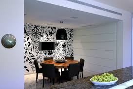 De gournay wallpaper sheathes the dining room of designer laura santos's manhattan apartment, where hervé van der straeten light fixtures from ralph pucci international hang above a bddw table and a suite of paul frankl chairs. Israel Toile Wallpaper Black And White With Dome Pendant Contemporary Mural Dining Room 990x668 Wallpaper Teahub Io