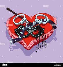 Valentine's Day BDSM gift: mask, handcuffs, lash and collar are placed on  the red heart shaped pad Stock Photo - Alamy