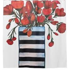 Black And White Striped Vase Red Flowers In Black And White Striped Vase Shower Curtain Zazzle Com Striped Vase Red Flowers Red Flower Bouquet
