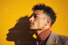 homem com curto cabelo e luz barba olhares fixos com confiança. ele  desgasta uma texturizado suéter contra uma azul pano de fundo, exibindo  brilhante olhos e uma calma expressão, sugerindo contemporâneo estilo