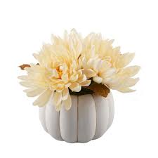 This perennial favorite defines autumn. Flora Bunda 5 In H Fall Harvest Artificial Plant Cream White Faux Mums In 4 In Cream Ceramic Pumpkin Pot With Gold Line Fa1843e Crm The Home Depot