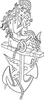 Mermaid tattoo designs are best feminine tattoos to express your love for the sea! Uncolored Old School Mermaid And Her Child Sitting On The Anchor Tattoo Design Tattooimages Biz