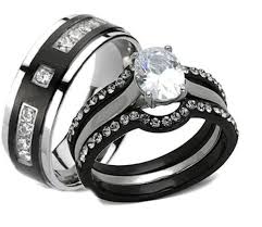 Luxury fashion his and hers couple rings mens stainless steel womens infinity princess eternity wedding band ring set. Eej Collections His Hers 4 Piece Black Stainless Steel Titanium Matching Wedding Band Ring Set Walmart Com Walmart Com