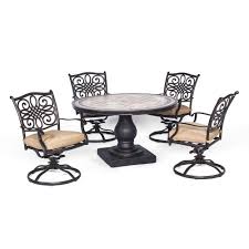 Hanover Monaco 5 Piece Round Patio Dining Set With Four Swivel Rockers And Natural Oat Cushions Mondn5pcsw 4 The Home Depot Outdoor Furniture Sets Outdoor Dining Set Tile Top Tables