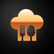 Gold Chef Hat With Fork And Spoon Icon Isolated On Black Background Cooking Sym Sponsored Fork Spoon Hat Gold Ad