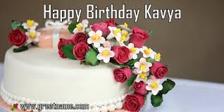 Lots of fireworks in the night sky for festive atmosphere. Happy Birthday Kavya Cake And Flower Greet Name