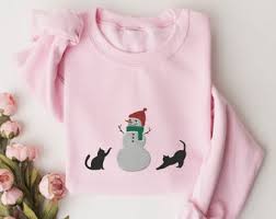 Christmas Sweatshirt Embroidered, Cute Snowman With Black Cats Embroidery  Crewneck, Cat Mom Festive Sweater, Holiday Cats Shirt, Cat Dad