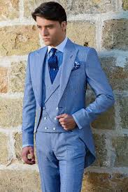 Vestiti dai tagli sartoriali, linee pulite e colori scuri. Ongala 1757 Tight Sposo Azzurro Principe Di Galles Tre Pezzi Abiti Da Mattina Completo Da Uomo Sposo