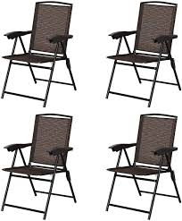 Folding sling chair outdoor dining chairs & loungers. Amazon Com Giantex Set Of 4 Patio Dining Chairs Folding Outdoor Chairs Adjustable Sling Back Chairs With Armrest Portable Patio Chairs For Camping Garden Pool Beach Deck Lawn Lounge Chairs Brown Kitchen Dining